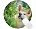 Produktbild Runde Mausunterlage aus Naturkautschuk, bedruckt mit Border Collie mit weißen Blüten und Rändern