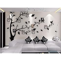Alicemall Stickers Autocollants Muraux Amovibles 3D en Acrylique Arbre avec des Branches Incurvées et des Cadres de Photo et des Oiseaux (Feuilles Noires)