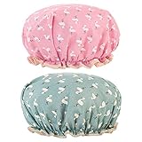 2 Packs Elastic Band Bath Caps Double Layers Shower Caps With Ruffled Edge Covering Ears Keeping Hair Dry Fitting Perfectly on Head for Girls and Women