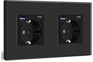 BSEED Schuko Steckdose mit USB C 20W Schnellladegerät USB Type C Wandsteckdose mit Glas Panel, 2 Fach Steckdose, USB Steckdose Unterputz, Einbausteckdose Geeignet für Phone, Pad, MP3 und mehr-Schwarz