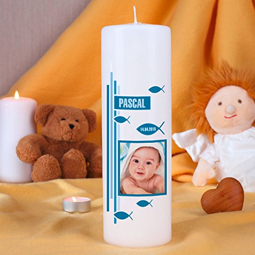 Striefchen® Taufkerze mit Foto, Namen u. Taufdatum, blau 8×25 cm - 2