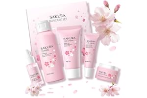 Miioto Coffret Cadeau Femme, Sakura Coffrets de Soins pour la Peau, Coffret Soin Visage Femme Skincare Kit avec Crème Nettoyante, Toner, Sérum, Crème Essence, Creme Yeux, Anti-Âge, 5 Pièces