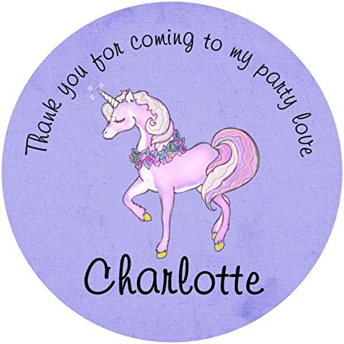 Personalised Fairytale Unicorn party stickers / labels for bags, sweet cones etc (15 per sheet, Purple)