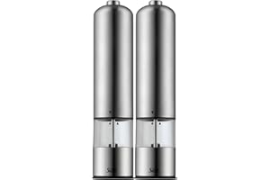 SILIT Elektryczny młynek do soli i pieprzu, zestaw 2-częściowy, stal nierdzewna, ceramiczny mechanizm mielący, płynna regulacja grubości mielenia, oświetlenie LED wraz z bateriami