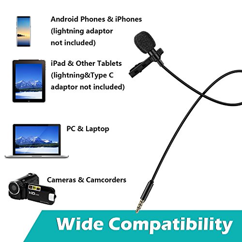 Microfono Lavalier, SYFIELD Mini Microfono Clip a Condensatore Omnidirezionale 3.5mm con 2 adattatore per Smartphone, PC e Line-in Registratore, Nero