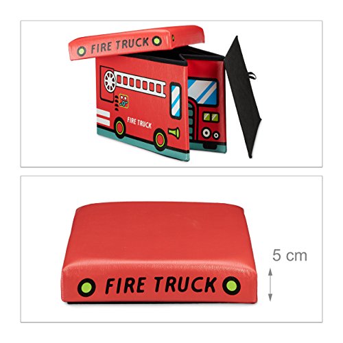 Relaxdays Faltbare Spielzeugkiste Feuerwehr HBT 32 x 48 x 32 cm stabiler Kinder Sitzhocker als Spielzeugbox aus Kunstleder mit Stauraum ca. 37 l und Deckel zum Abnehmen für Kinderzimmer, Firetruck - 3