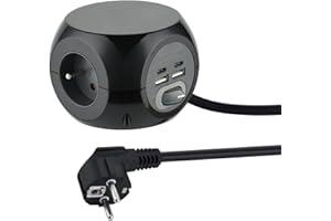 Electraline 35441 Mini Cube avec 4 Ports USB 3.4A (2 type A + 2 type C), Bloc 3 Prises avec Interrupteur, Rallonge Multiprise 3M