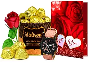 Midiron Chocolates Gift for Girlfriend, Wife | Romantic Gift Set ( Red Rose | Chocolates Box | Love Greeting Card | Girls Watch )