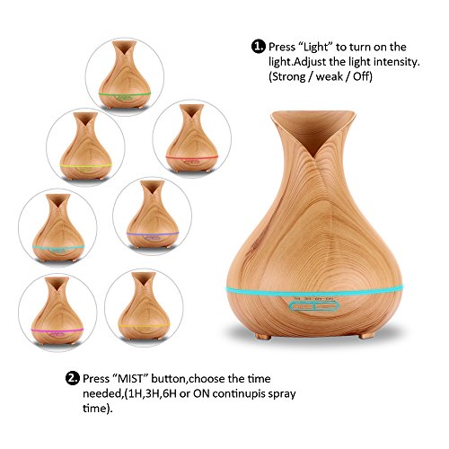 Aroma Diffuser, 400ml Ultraschall Öl Diffusor Holzmaserung Luftbefeuchter Raumbefeuchter Humidifier mit Kalten Nebel Abschaltautomatik LED Farbwechsel (Vase) - 3