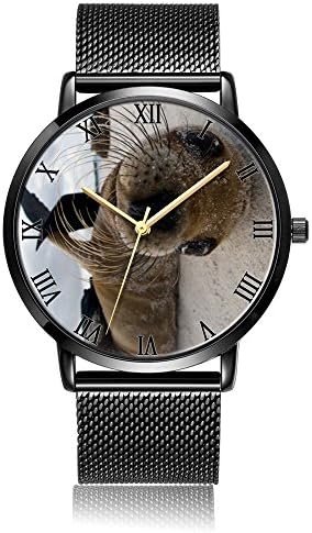 [KOSUNG] Seal Selfie Wrist Watch, Customized Unisex Waterproof Stainless Steel Wrist Quartz Watch with Black Silver Steel Wrist Band for Business Casual Collection Purpose