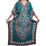 Indiatrendzs Womens Nighty Printed Light Viscose Kimono Teal Green Kaftan Dress 56"