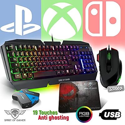 Spirit Of Gamer Pack Clavier Pro-K5, Souris RGB et Tapis Pro pour PS4, Xbox One, Switch - Convertisseur Inclus