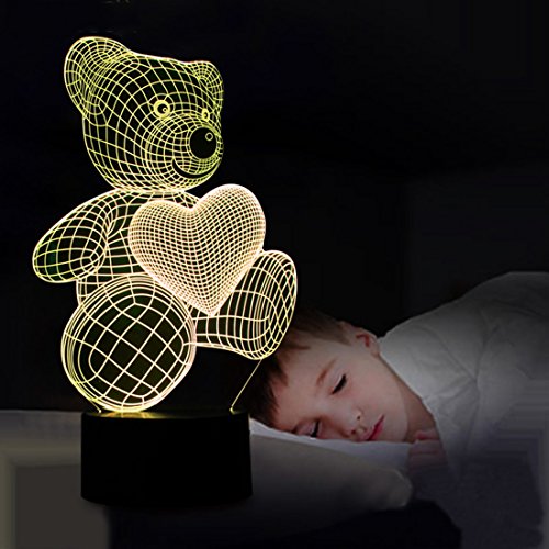 Liebe Herz Bär 3D Optische Illusions-Lampen, FZAI Tolle 7 Farbwechsel Acryl berühren Tabelle Schreibtisch-Nachtlicht mit 150 cm USB-Kabel für Kinder Schlafzimmer Weihnachten Geburtstagsgeschenke - 5