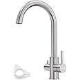 DAYONE 3 Way Drinking Water Tap with Filter, 3 IN 1 Kitchen Faucet, SUS304 Stainless Steel, 360° Swivel, Dual Handle 1 Hole, Brushed