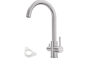 DAYONE 3 Way Drinking Water Tap with Filter, 3 IN 1 Kitchen Faucet, SUS304 Stainless Steel, 360° Swivel, Dual Handle 1 Hole, Brushed
