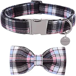 DOGWONG Cotton Dog Collar with Bowtie for Small Medium Large Dogs Plaid Pet Collar Comfortable Dog Collar,Bowtie Dog Collar Adjustable XS-XL