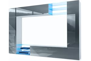 Vladon Mueble de salón Mirage, 2 Puertas, 2 Puertas abatibles y 6 Estantes de Cristal Abiertos, Blanco Mate/Gris de Alto Brillo incluida iluminación LED (262 x 183 x 39 cm)