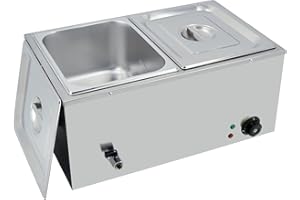 TAIMIKO Bain Marie électrique en Acier Inoxydable 220-240V 1500W Commercial Chauffe Plat 2 Bacs Casseroles avec Robinet de vidange Contrôle de la température