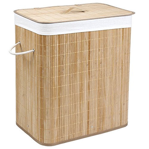 Homitex 100L Groß Bambus Faltbar Wäschekorb H x B x T: ca. 60 x 54 x 33 cm Wäschebox Wäschesammlermit fest fixiertem Wäschesack und Deckel (Natur)
