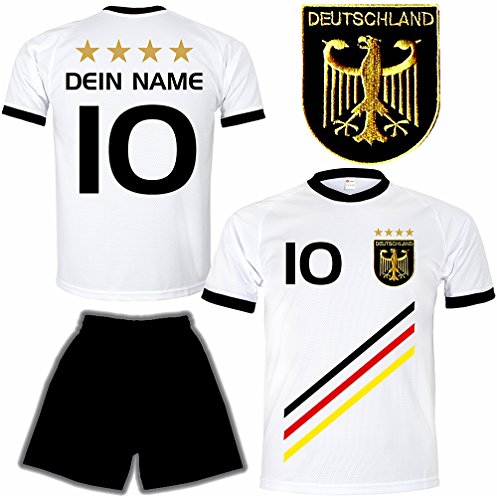 Deutschland Trikot + Hose mit GRATIS Wunschname + Nummer + Wappen Typ #D 2018 im EM / WM weiss – Geschenke für Kinder,Jungen,Baby,.. Fußball T-Shirt personalisiert als Weihnachtsgeschenk