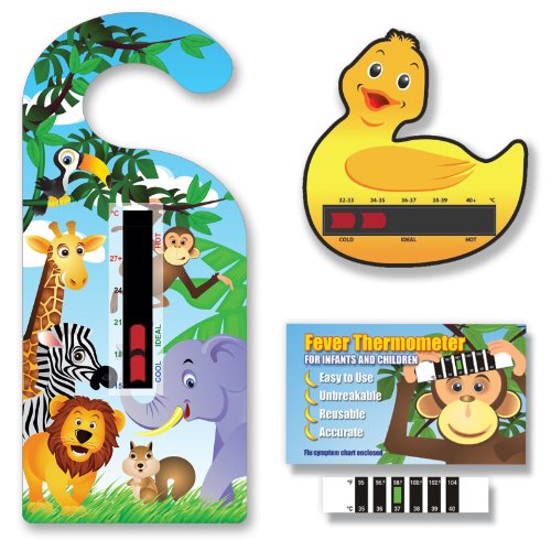 NEW! Baby Safe Ideas Thermometer Pack - Jungle Nursery and Room Thermometer Hanger, Duck Bath Thermometer and Monkey Forehead Thermometer. For Babies and Children.