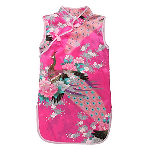Robe Chinois Qipao Fille Enfant été Mode Cheongsam Classique Paon Floral - Rhodo #1, 8