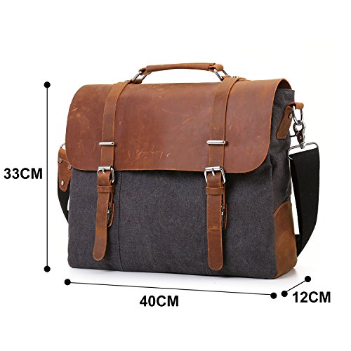 ECOSUSI Vintage Canvas Leder Aktentasche Umh  ngetasche Passt f  r Max 15 6  Laptop - Steckschnalle