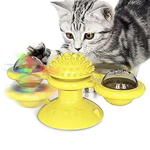 VDNSI Turntable Teasing Interactive Chew Toy Windmill Cat Toy with LED Catnip Ball Funny Kitten Toys Turntable Massage Scratching Tickle Toy with Suction Cup