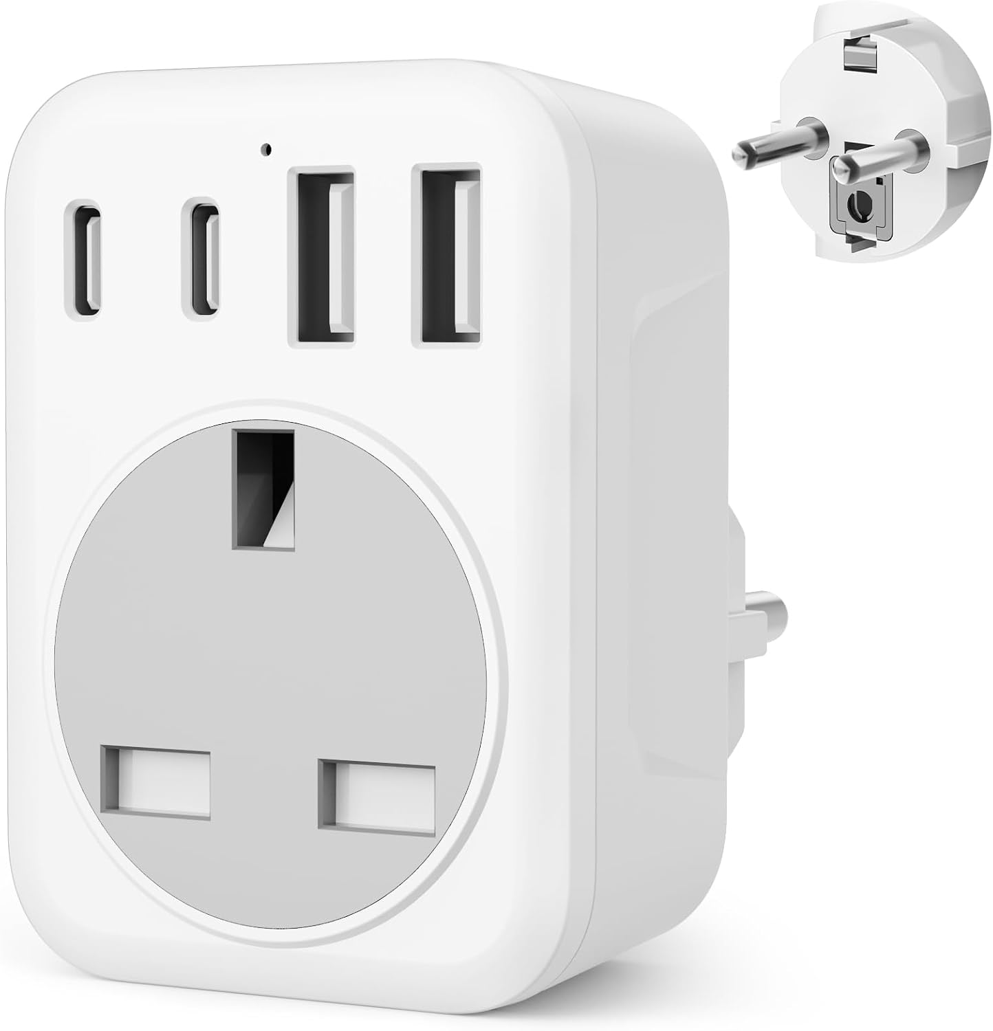UK To European Plug Adapter,5 IN 1 European Travel Adaptor with 2 USB C & 2 USB A,Grounded EU Plug Adapter for Germany Spain France Turkey Greece etc (Type E/F)