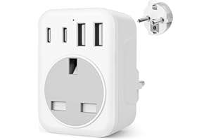 GRESTAR UK To European Plug Adapter,5 IN 1 European Travel Adaptor with 2 USB C & 2 USB A,Grounded EU Plug Adapter for Germany Spain France Turkey Greece etc (Type E/F)