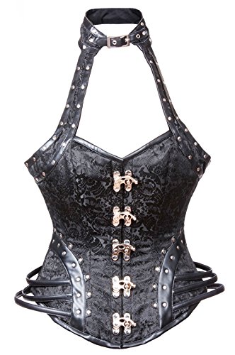 BSLINGERIE-Ladies-Heavy-Duty-Steel-Boned-Faux-Leather-Halter-Overbust-Corset