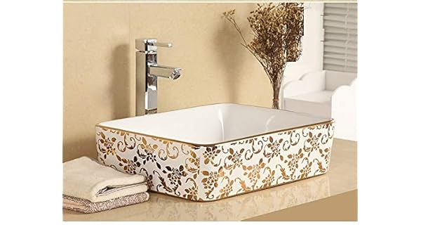 Inart Premium Ceramic Bathroom Decor Countertop Or Tabletop Handwash Glossy Designer Sink Or Wash Basin In Golden White Color For Lavatory Bathrooms Living Room Dining Room Washroom 19 X 15 X 5