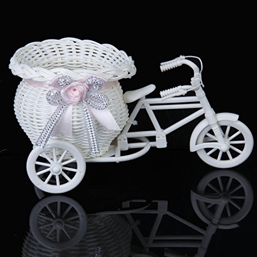 Handmade Rattan Blumen Dreirad Fahrradkorb Körbe für Blumenvase Lagerung Dekoration (weiß Rosa) - 3