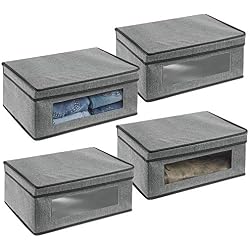 mDesign boite de rangement (lot de 4) - grand bac de rangement avec couvercle et hublot en plastique - panier de rangement rectangulaire pour ranger les vêtements dans la chambre - gris/noir