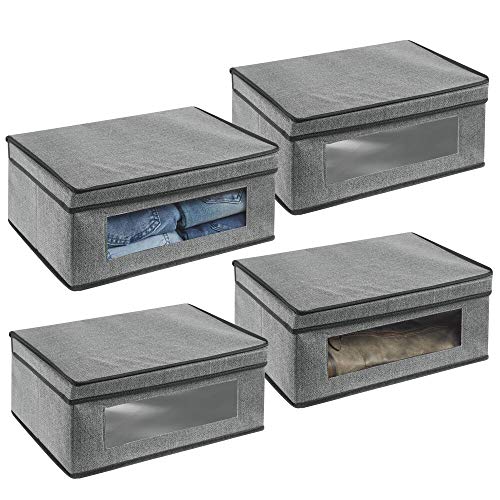 mDesign boite de rangement (lot de 4) - grand bac de rangement avec couvercle et hublot en plastique - panier de rangement rectangulaire pour ranger les vêtements dans la chambre - gris/noir
