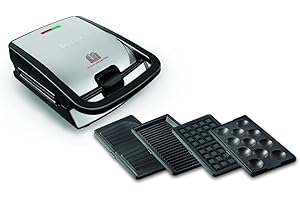 ‎TEFAL Tefal Snack Collection 4-er Set SW854D, Kombigerät, Inklusive 4 antihaftbeschichter Plattensets, Spülmaschinengeeignet, Panini, Waffeln, Sandwich, süße Küchlein, 700W,Schwarz/Edelstahl