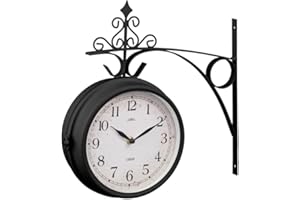 Bloomingtons Direct Garden Station Clock with Bracket Double Sided with Waterproof Cover, Vintage Antique-Look Wall-mounted for Indoor & Garden, Hanging Décor, Premium Metal Materials, Black