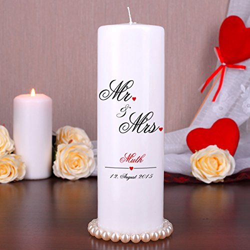 geschenke-online Hochzeitskerze – Mr. & Mrs. – mit Aufdruck des Nachnamens und Hochzeitsdatum - 2