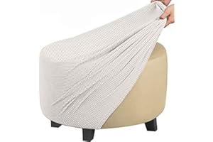 GUNDAN Round Footstool Cover Gray Stretch Ottoman Cover, Fabric Removable Large Stretch Pouffe Cover Anti-Slip Foot Stool Jacquard Slipcovers With Elastic Bottom, Machine Washable