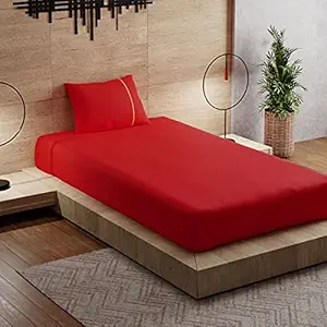 Cotton Single Size Bedsheet Set Combo of Red with Smart Labelled Sheet from Stoa Paris Colours Collection,1 Flat Sheet (60 x 90 inches), 1 Pillow Covers Cases (18 x 27 inches)