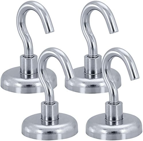50LB Strong Magnetic Hooks Set of 4, maxin D25mm Strong Magnetic Clips with 50 Pounds Weight Capacity for Home Kitchen Accessories, Sports & Outdoors Equipment and Gardening Tools. ( Sliver )