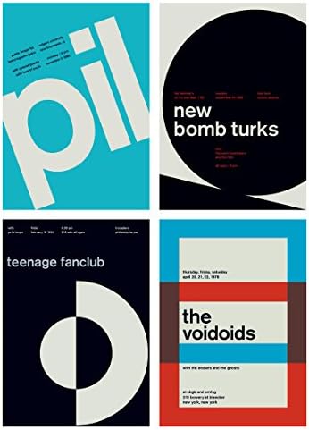 4 x Swissted Prints - Set 1 - Contemporary Minimalist Swiss Graphic Design. Voidoids, Haloflies,New Bomb Turks, Teenage Fanclub,Public Image, Minute Men, Gun Club. Limited Edition Band art
