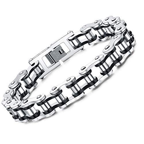 Brazalete de cadena de bicicletas Bycicle de motocicleta de acero inoxidable para hombres de joyería Brazalete de cadena de bicicletas de plata negro de 2 tonos de estilo negro en caja de regalo