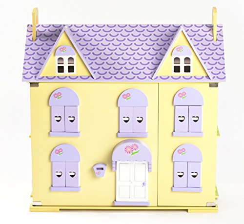 Berrybee Cottage Children's Wooden Dolls House with Stairs & Curtains ♦ Large purple doll house for children