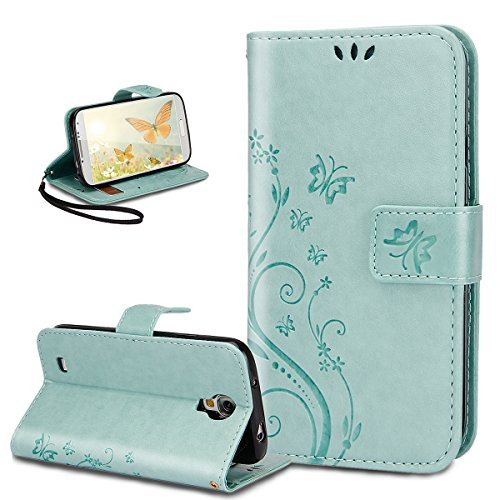 Galaxy S4 Hülle,Galaxy S4 Lederhülle,Galaxy S4 Leder Wallet Tasche Brieftasche Schutzhülle,ikasus® Malerei Schmetterling Muster PU Lederhülle Flip Hülle im Bookstyle Cover Schale Stand Ständer Etui Karten Slot Schutzhülle Grau Tasche Wallet Case für Samsung Galaxy S4 i9500 - Grün