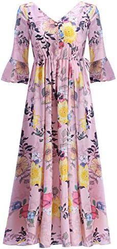 Arrisol Women's Button Up Split Floral Print Flowy Maxi Bohemian Party Dresses (Yellow+Pink,XX-Large)