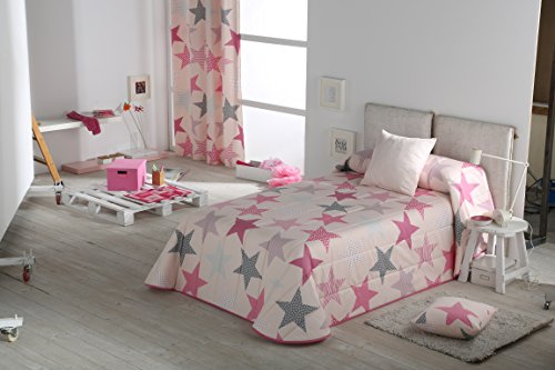 Mercato-House - Colcha Bouti Infantil Estrellas/Colcha Cama 105/Relleno 100% poliéster de 100gr + Funda Cojín 60x60cm + Set 3 Bayetas de Regalo, Color Rosa, 200x260cm