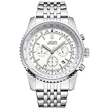 JEDIR Herren Chronograph Uhren Analog Quarzuhr Fashion Armbanduhr weiß Ziffernblatt mit Datum Kalender Silber Edelstahlarmband