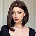 Becus 10inch Shoulder Lenght Short Bob Wig Synthetic Straight Hair Wig with Middle Part Bangs Heat Resistant Synthetic Hair Wigs For Women Daily Use Dark Brown (Dark Brown)