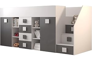 Kryspol Etagenbett für Kinder Toledo 3 Stockbett mit Treppe, Schreibtisch, Bettkasten (Weiß/Weiß Glanz + Grau Glanz, Seite: rechts)